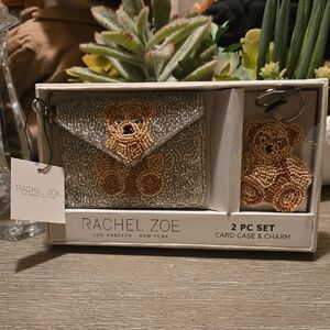 Rachel Zoe Silver and Tan Teddy Bear Card Case & Charm Set